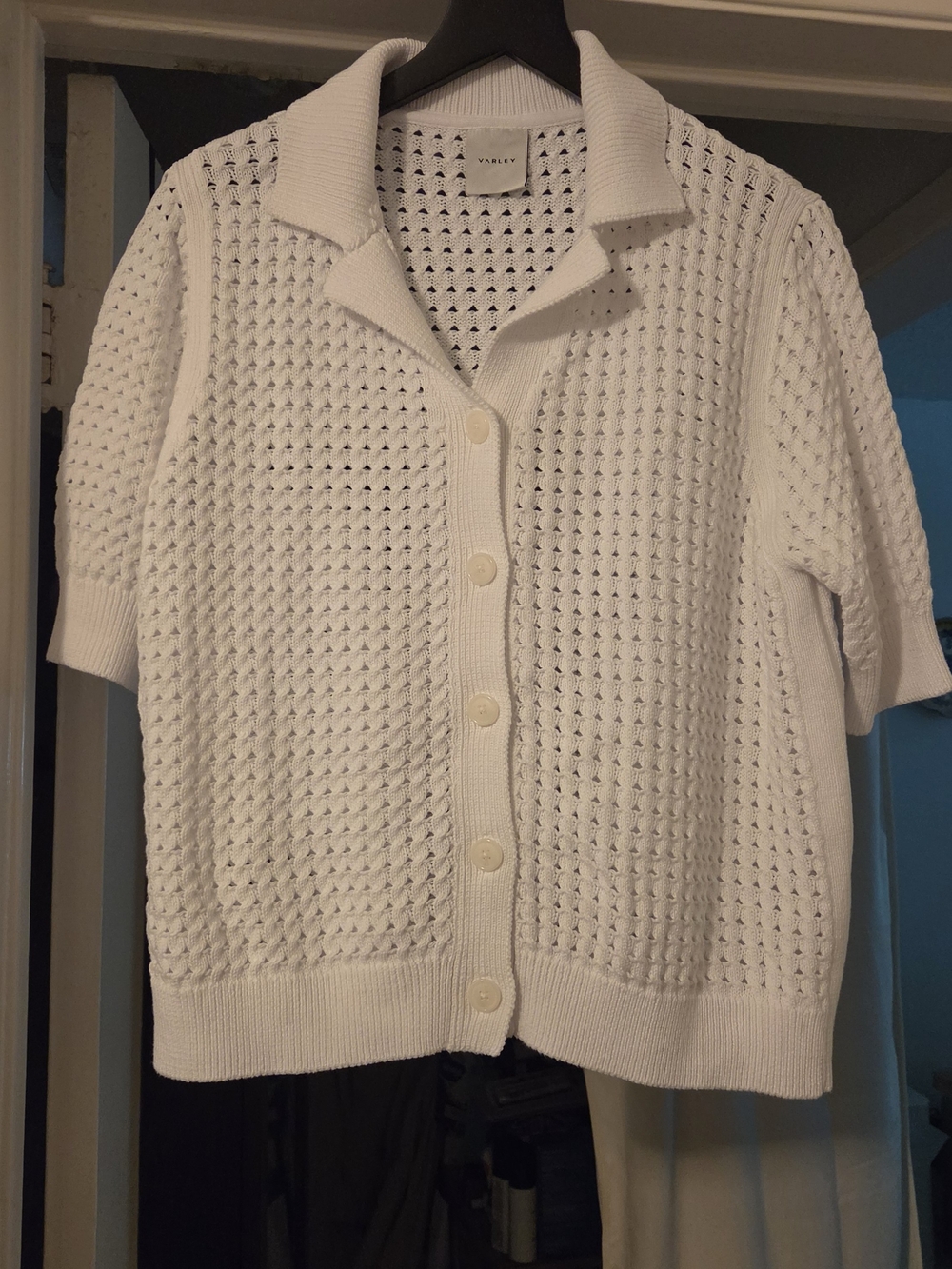 Varley White Open-Knit Short Sleeve Button-Front Cardigan